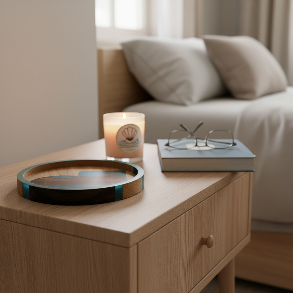 Mosaic Collection Tide tray on light oak nightstand with candle, book and reading glasses
