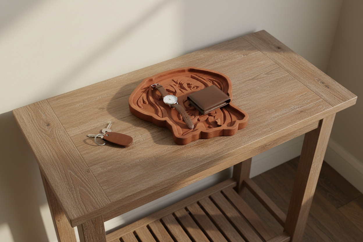 Mahogany Labrador catch-all tray on entryway console table with keys, watch, and wallet
