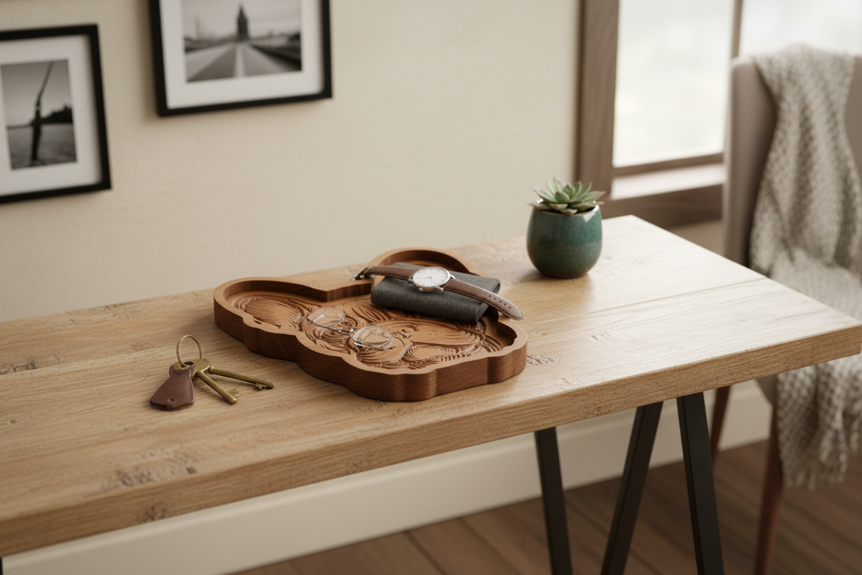 Boston Terrier Catch-All Tray styled on an entryway table