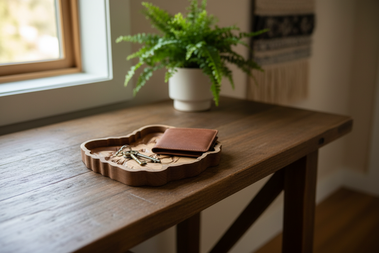 Pomeranian catch-all tray styled on an entryway console table with keys and wallet
