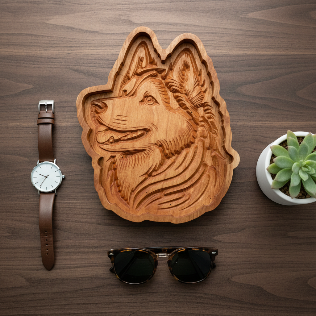 Husky cherry wood catch-all tray flat lay on dark walnut surface with watch, sunglasses, and small plant