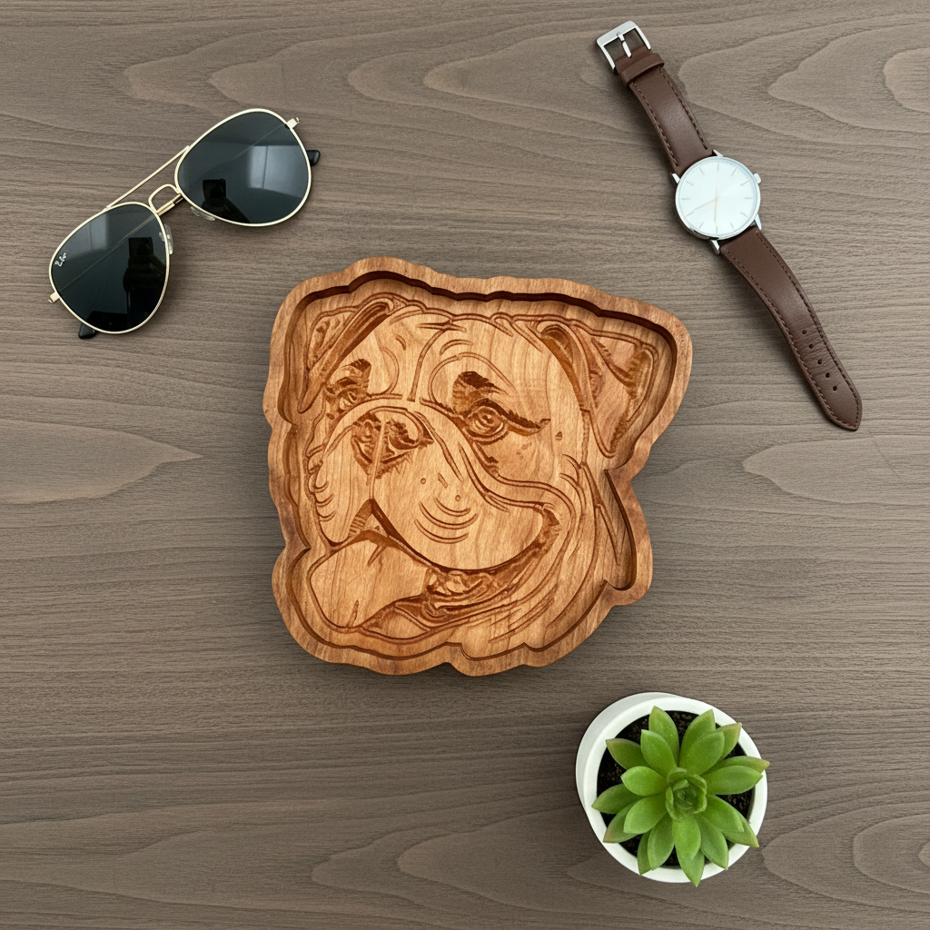 English Bulldog cherry wood catch-all tray flat lay on dark walnut surface with watch, sunglasses, and plant