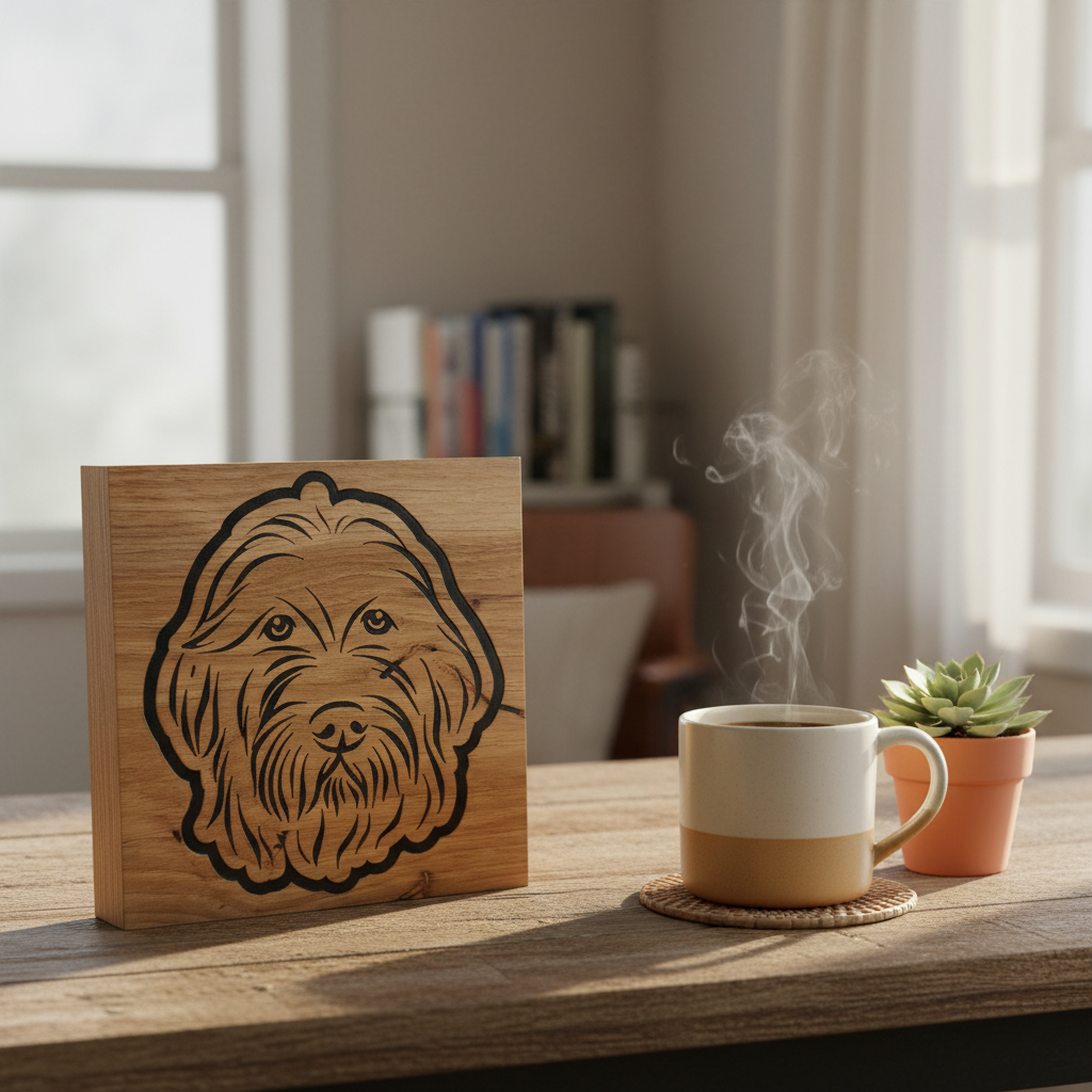 Golden Doodle wood art displayed on a desk
