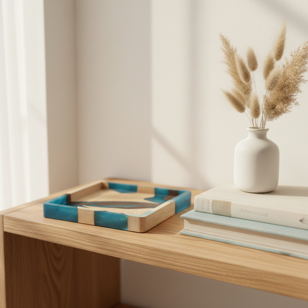 Mosaic Collection Current square tray on oak shelf with dried pampas grass and stacked books