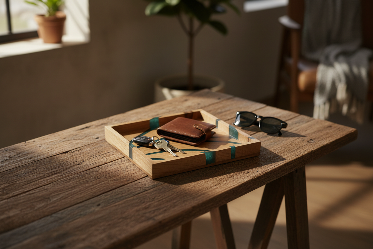 Maple green resin tray on an entryway table with keys, wallet and sunglasses