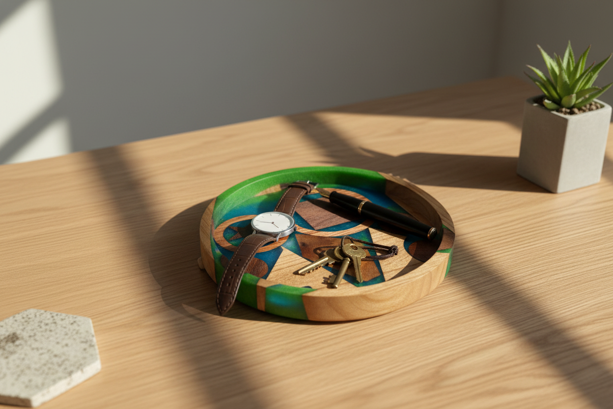 Mosaic Geometry tray styled on a modern desk with watch, keys and pen
