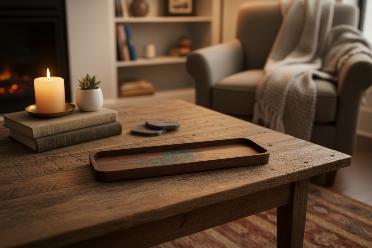 Black walnut turquoise resin tray on a coffee table with candle in cozy living room