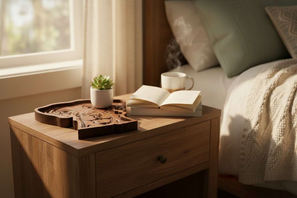 Great Dane engraved cherry wood catch-all tray on a bedroom nightstand with a small succulent