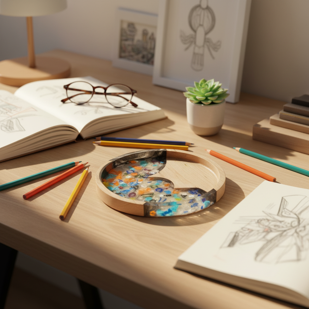 Mosaic Collection Kaleidoscope tray on creative desk with sketchbook and colored pencils