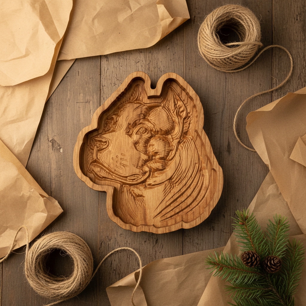 Overhead flat lay of wooden dog catch-all tray with kraft paper, twine, and pine greenery gift styling
