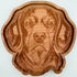 A scalloped wooden serving tray carved with a detailed dog portrait, shown on a plain white background.