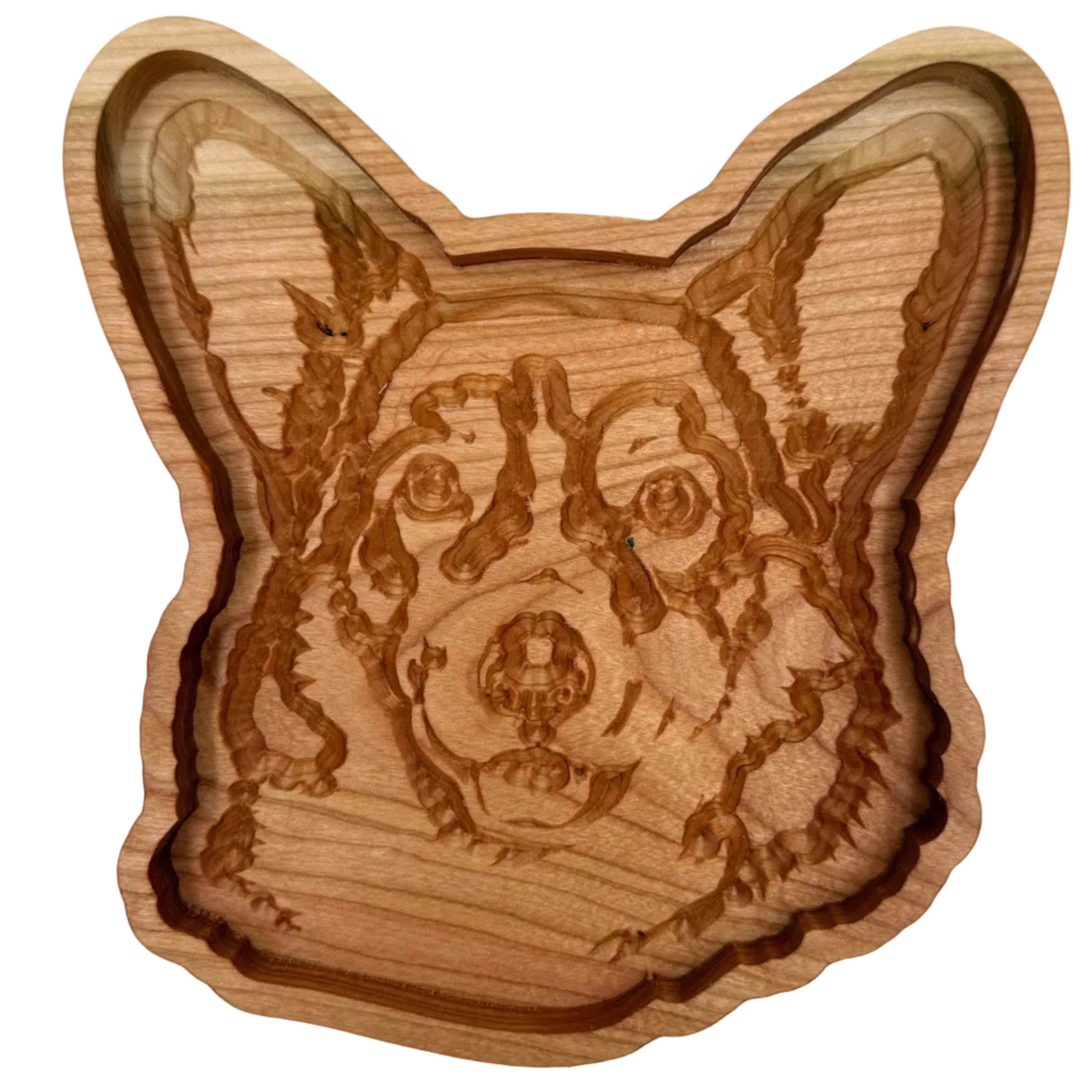 A handcrafted wooden dog head tray with detailed laser-engraved facial features, shown on a plain white background.