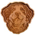 A hand-carved wooden dog head plaque or tray, showcasing detailed wood grain and natural brown tones, set against a plain off-white background.
