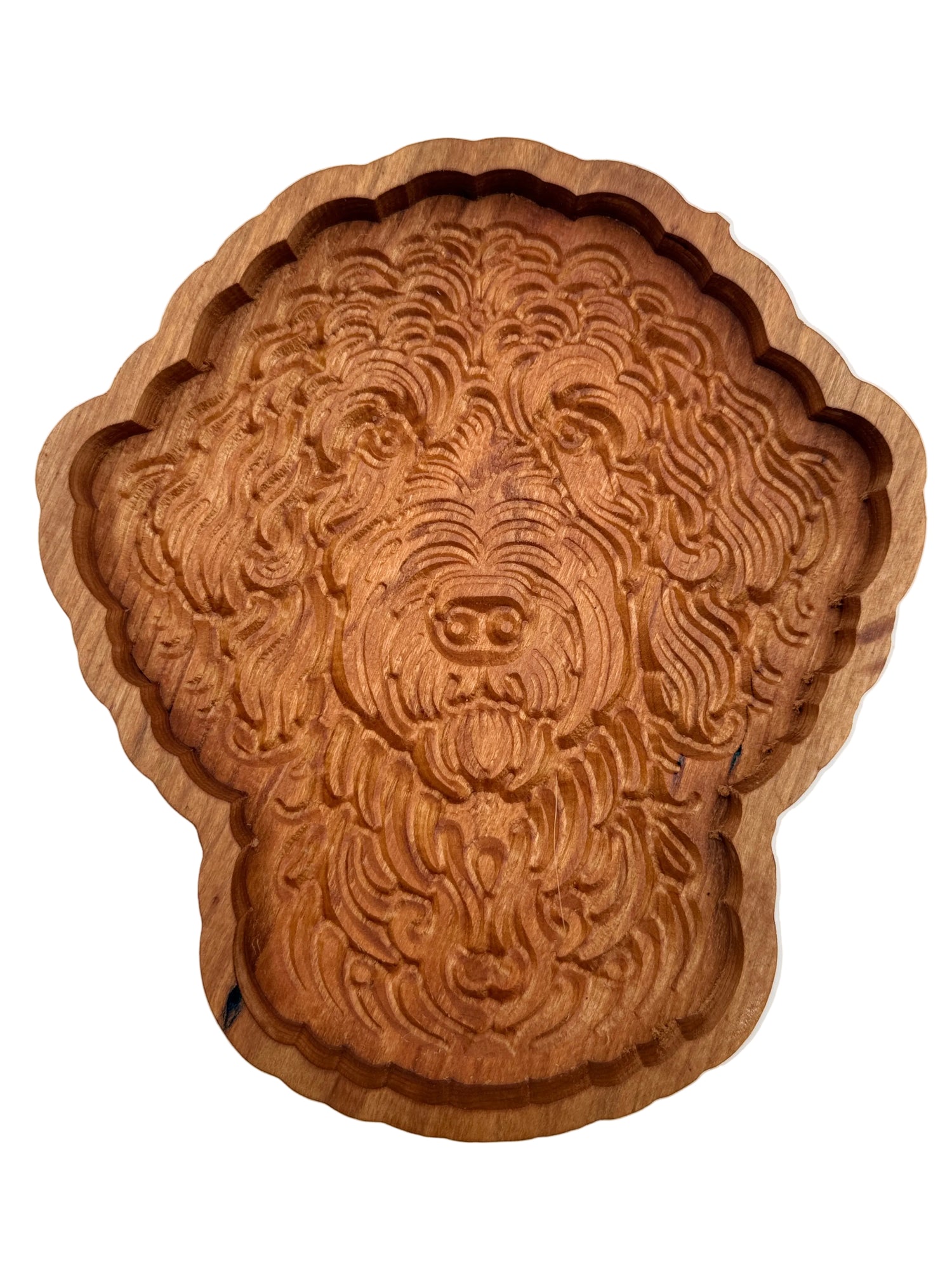 Labradoodle catch-all tray top-down view showing detailed carved portrait