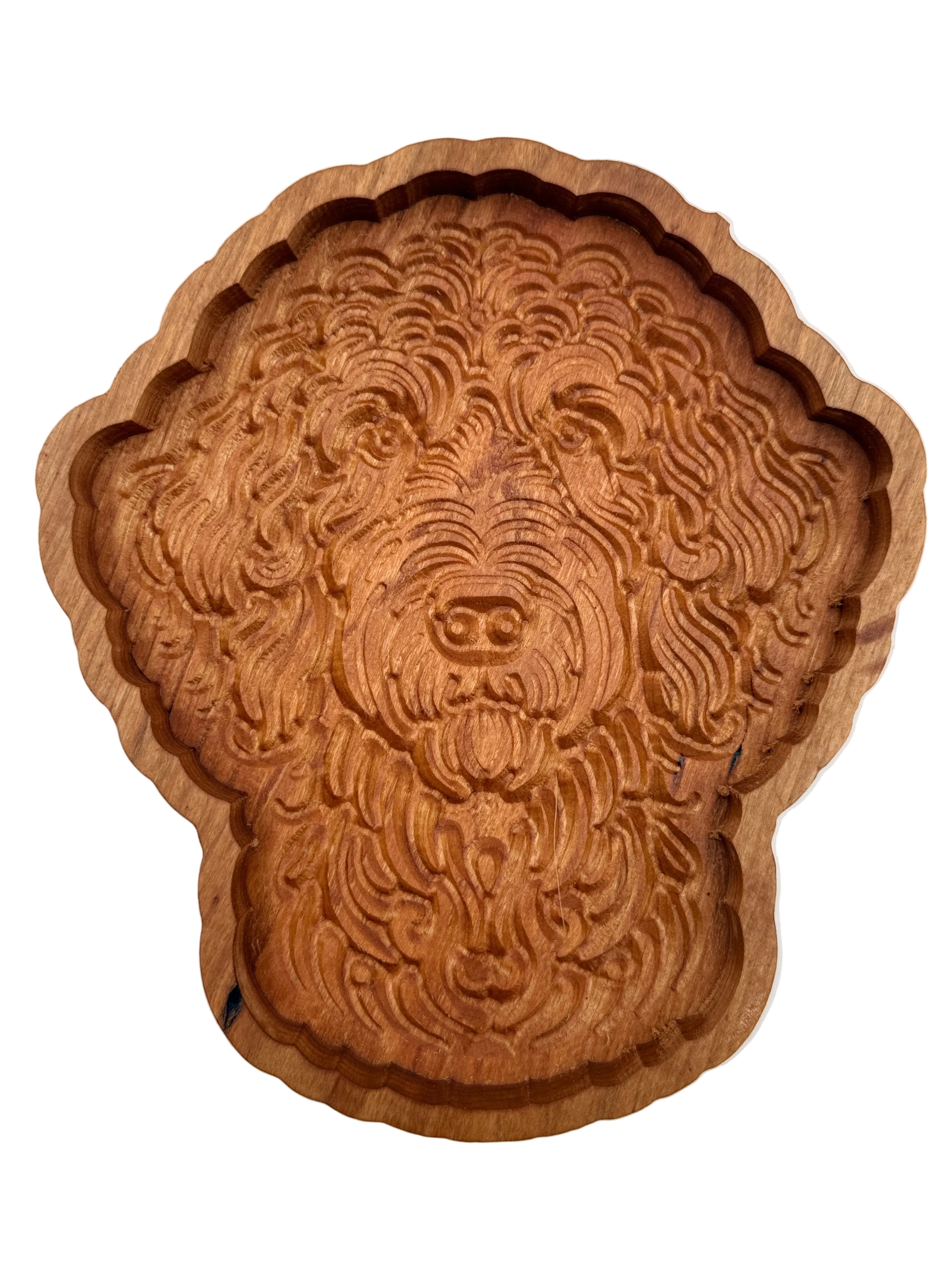 Labradoodle catch-all tray top-down view showing detailed carved portrait