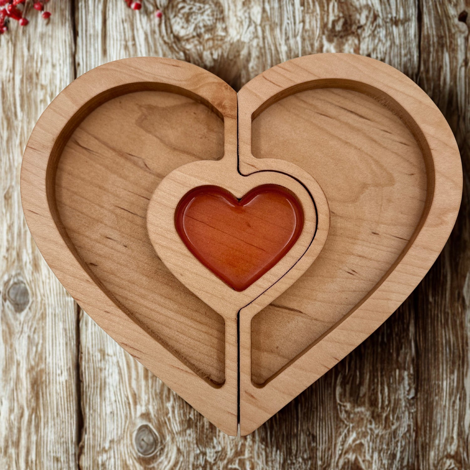 Valentine Heart Puzzle tray with red epoxy inlay