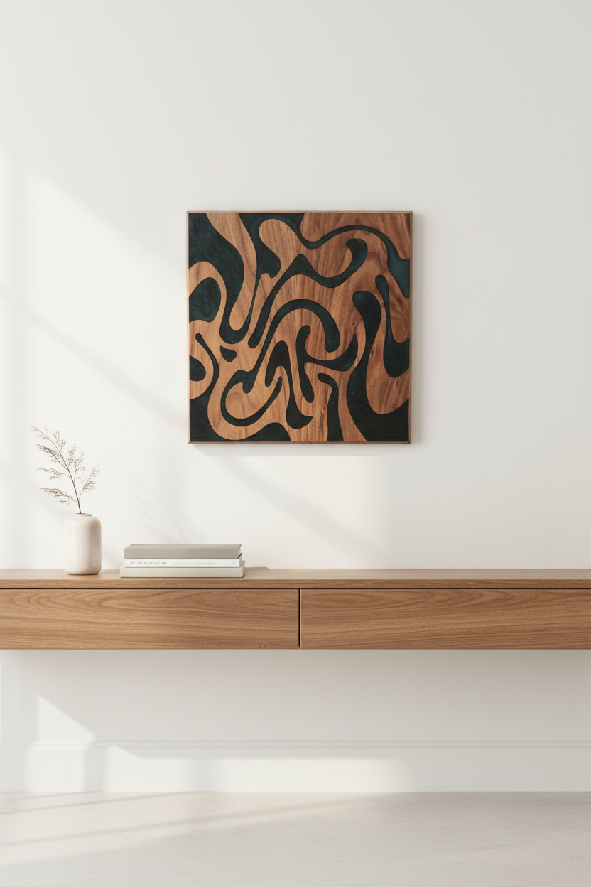 Groovy wall art mounted on white wall above minimalist console table