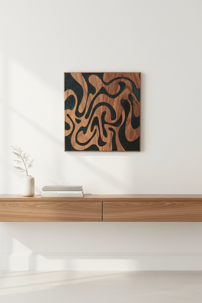 Groovy wall art mounted on white wall above minimalist console table