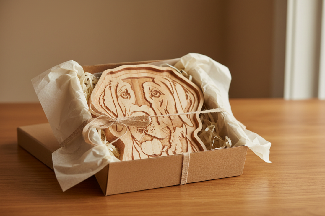 Labrador catch-all tray presented in a kraft gift box with cream tissue paper and a natural ribbon