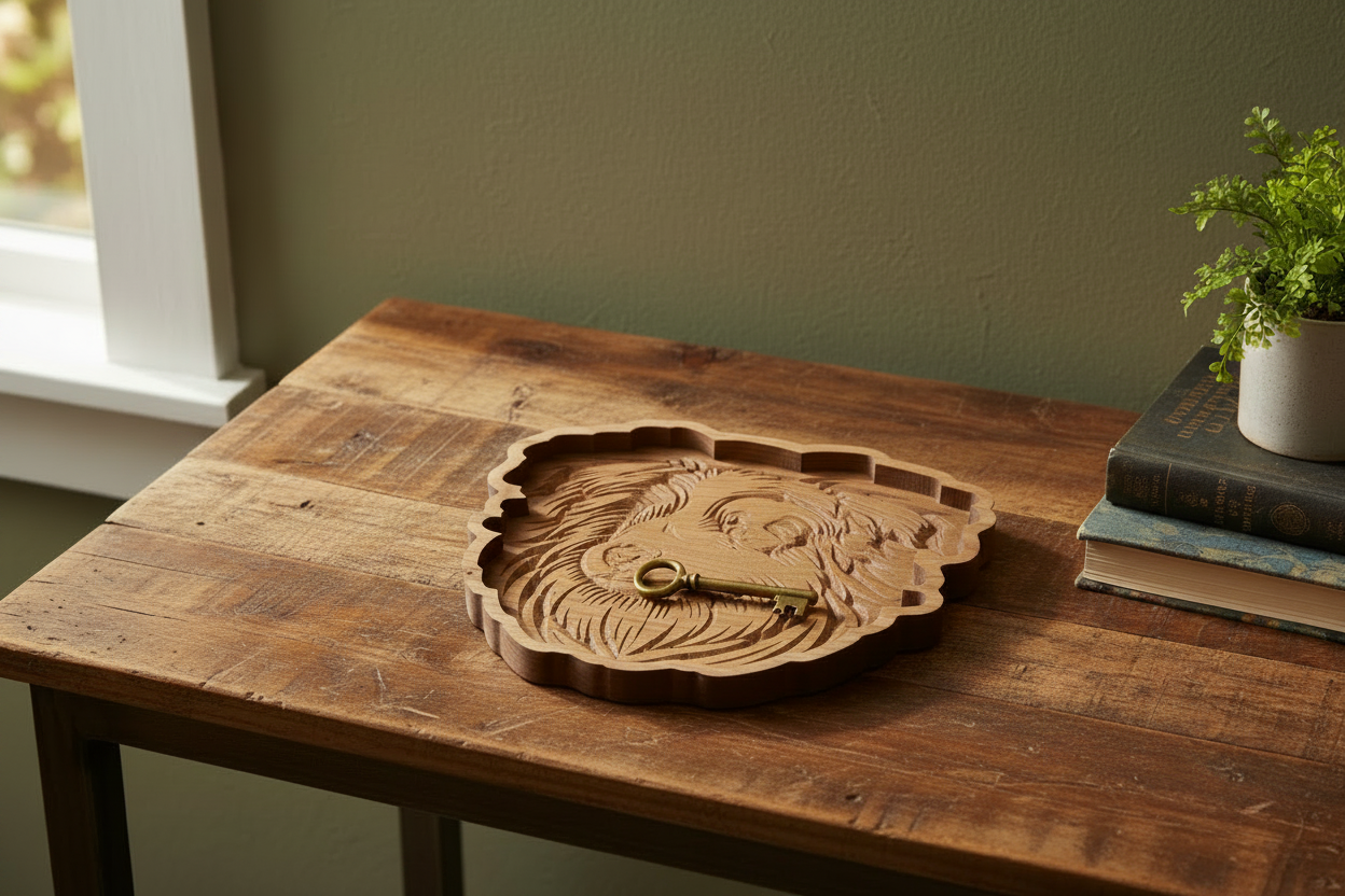 Australian Shepherd Cherry Wood Catch-All Tray on entryway table with a single key
