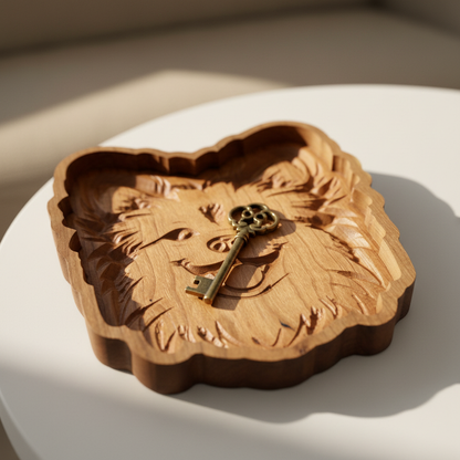 Close-up of Pomeranian catch-all tray with single key, warm neutral background