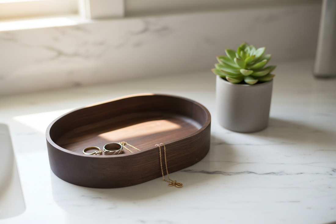 Black Walnut Oval Bowl lifestyle shot on marble countertop with jewelry and succulent