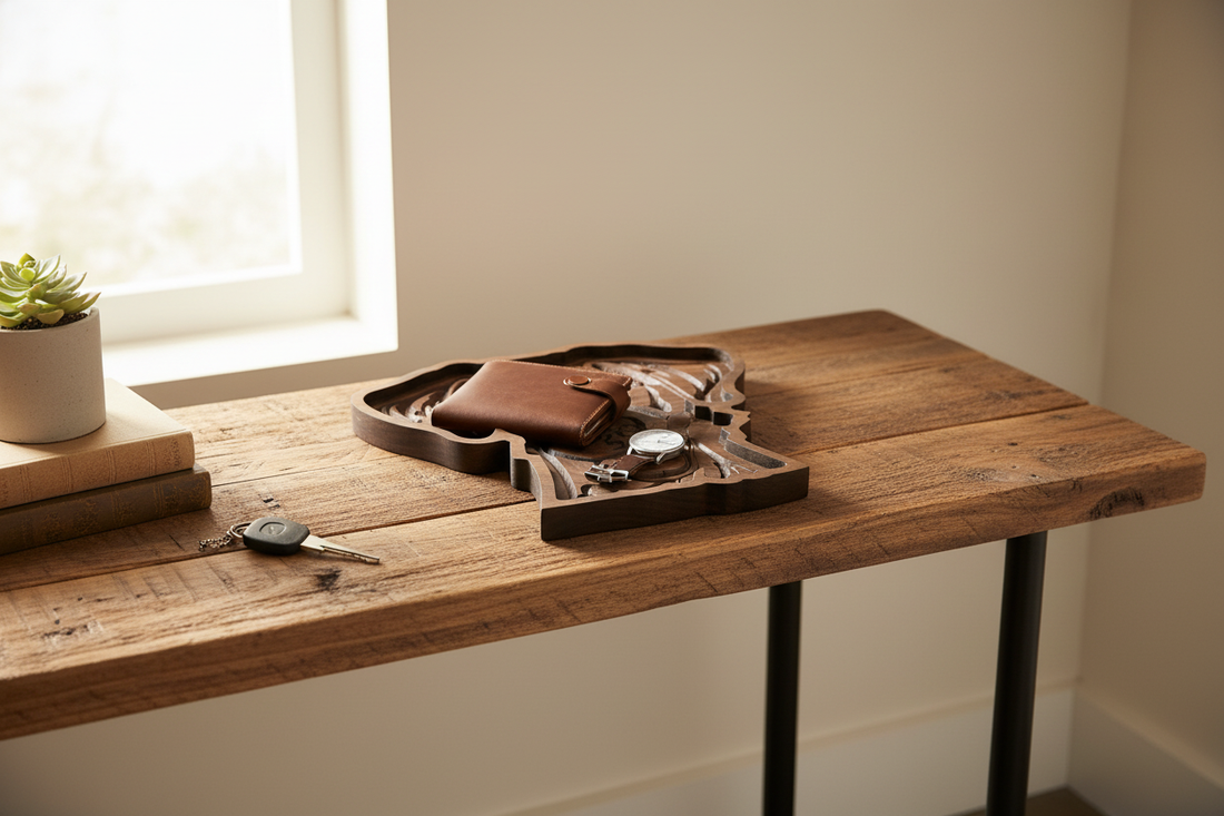 Great Dane catch-all tray on entryway console table with keys, watch, and wallet