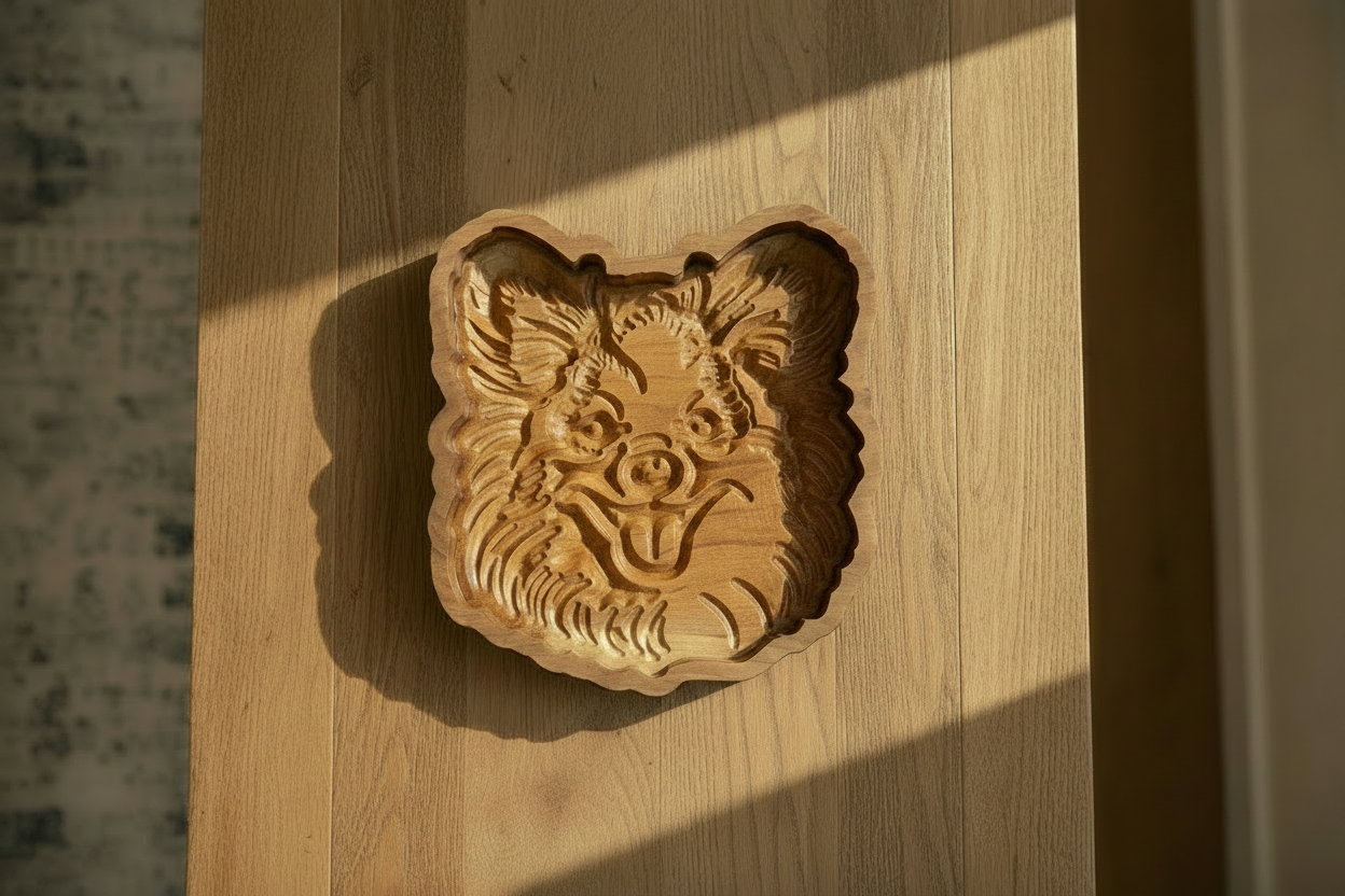 Overhead flat lay of handcrafted wooden Pomeranian catch-all tray in warm golden sunlight on a natural oak surface