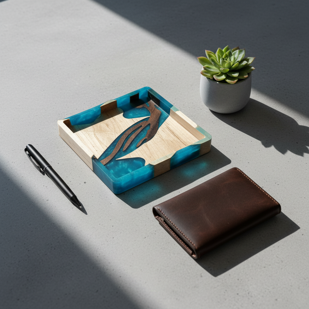 Mosaic Collection Current square tray on concrete desk with black pen, succulent and leather wallet