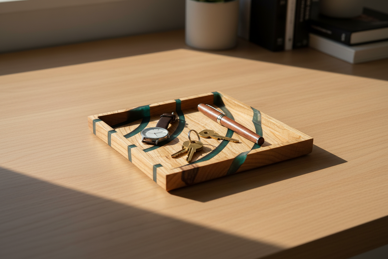 Maple green resin tray styled on a modern desk with watch, keys and pen