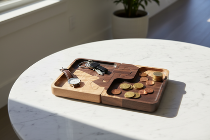 Puzzle catch-all tray assembled on marble entryway table with keys, watch and coins inside