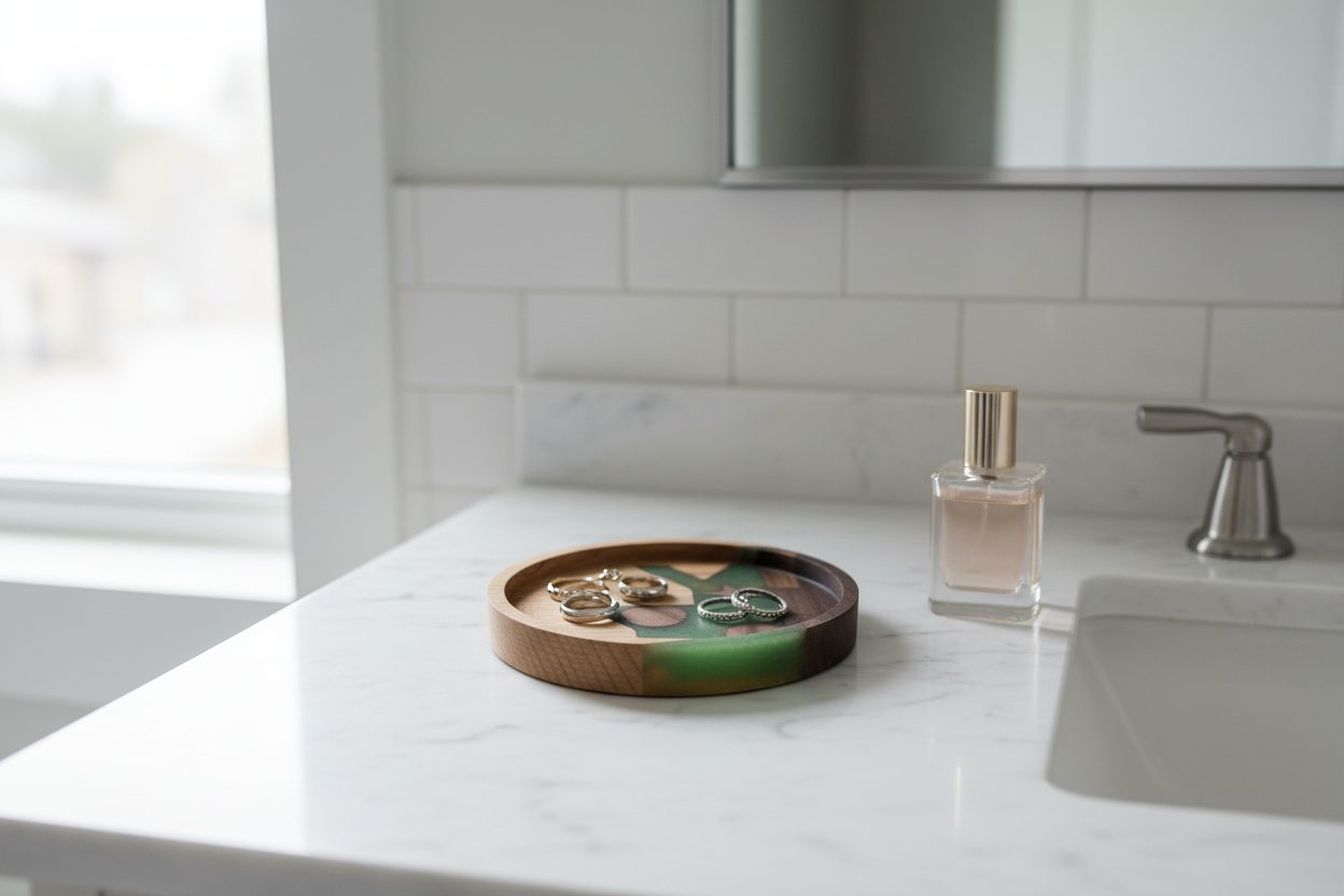Mosaic Star tray on a vanity with rings, earrings and perfume bottle