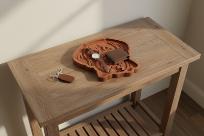 Mahogany Labrador catch-all tray on entryway console table with keys, watch, and wallet