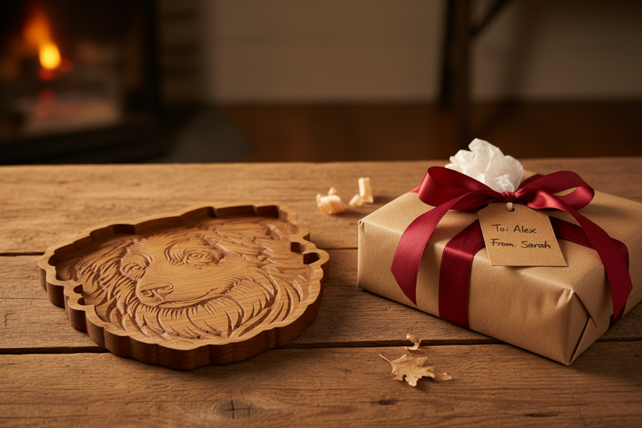 Australian Shepherd Cherry Wood Catch-All Tray presented as a gift with kraft box and ribbon