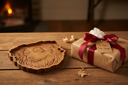 Australian Shepherd Cherry Wood Catch-All Tray presented as a gift with kraft box and ribbon