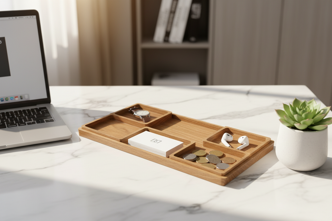 White oak desk organizer tray on marble desk beside laptop with watch, earbuds, business cards and coins in compartments