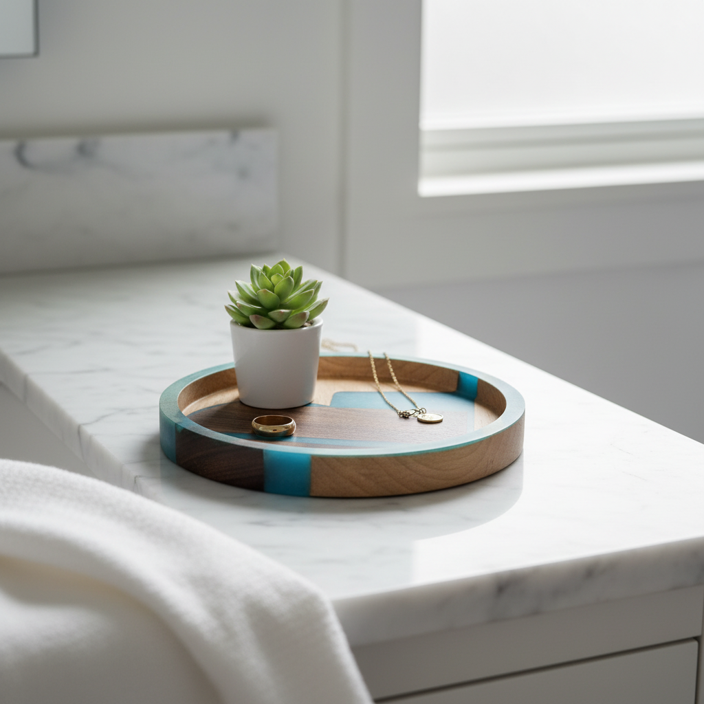 Mosaic Collection Tide tray on white marble counter with succulent, gold ring and necklace
