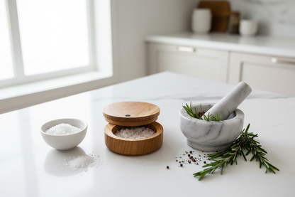 Cherry wood salt holder on a marble countertop with rosemary, mortar and pestle and sea salt