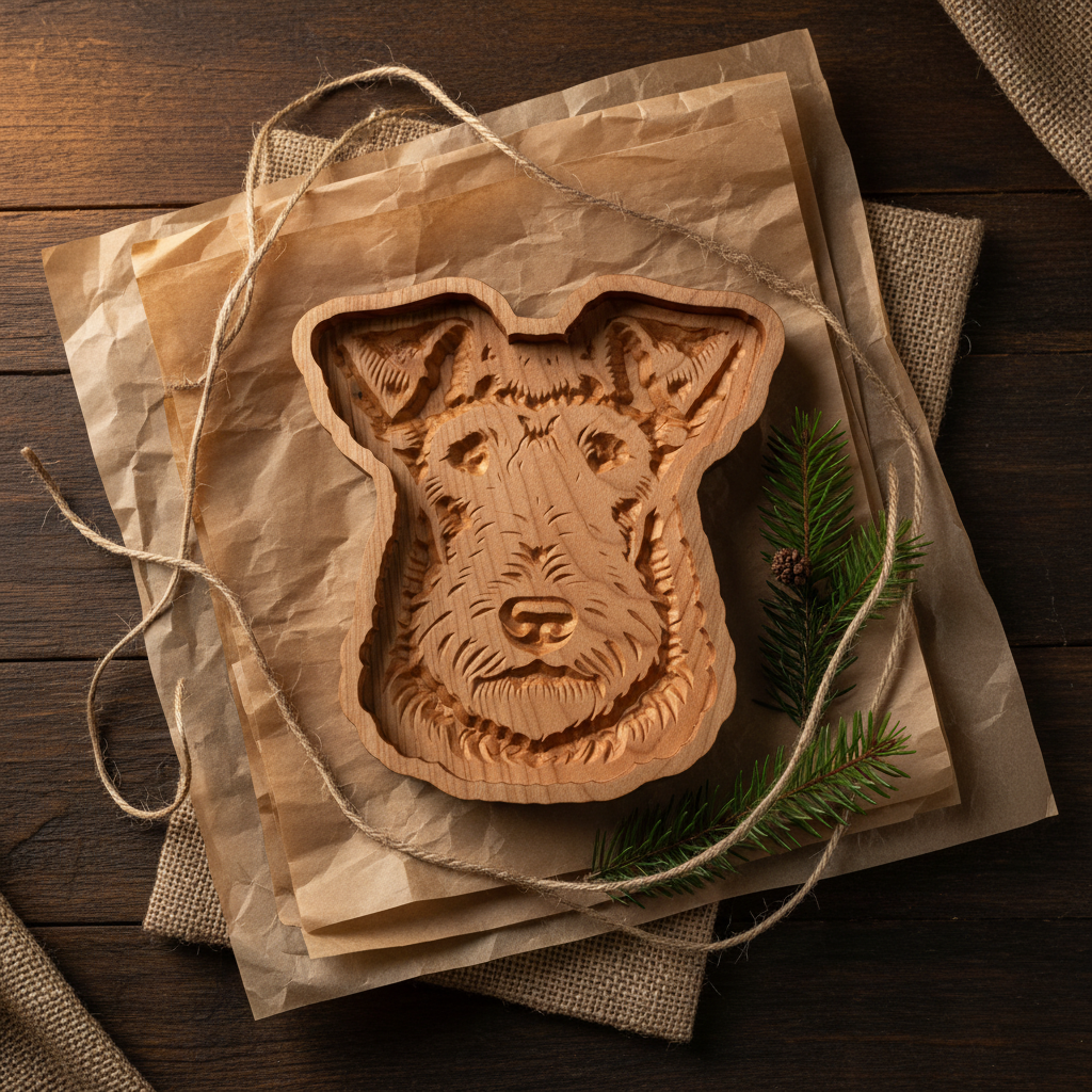 Overhead flat lay of Airedale Terrier catch-all tray with kraft paper, twine, and pine greenery gift styling
