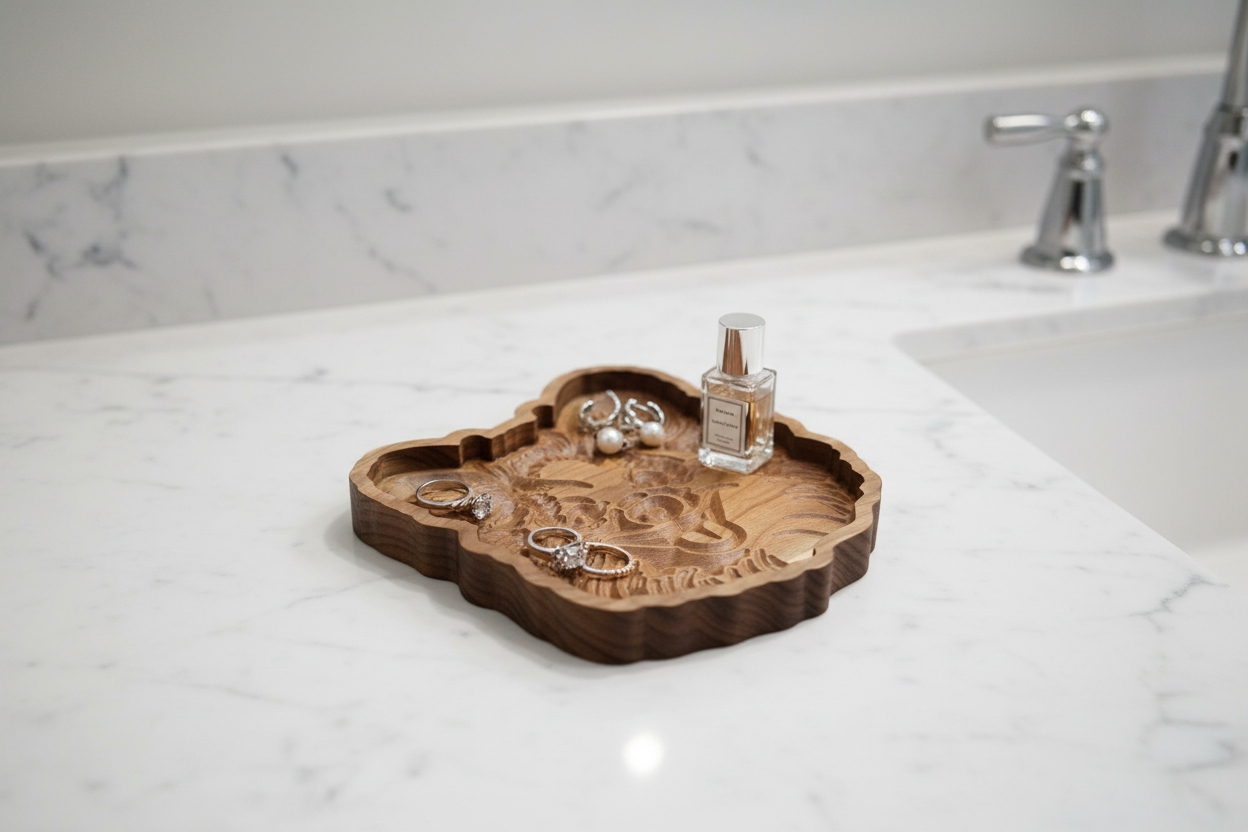 Handcrafted wooden Pomeranian catch-all tray on a marble bathroom vanity with jewelry and perfume bottle