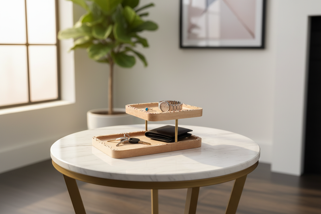 Premium birch wood tiered organizer on marble entryway table with watch and ring on upper tray, keys and wallet on lower tray