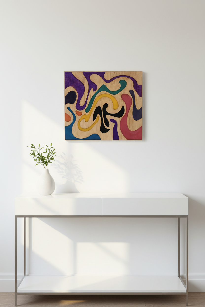 Rainbow Groovy wall art mounted on white wall above minimalist console table with vase and plant