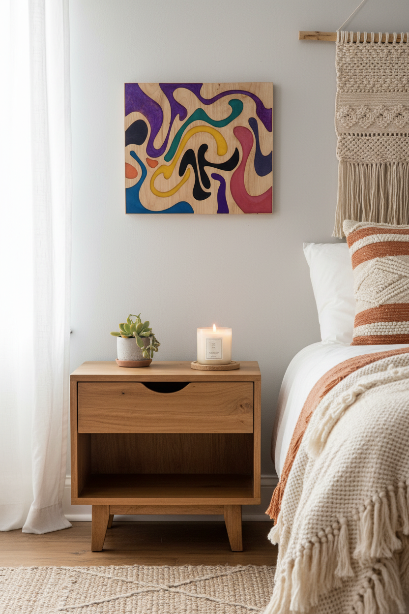 Rainbow Groovy wall art mounted on gray wall above nightstand with candle and succulent in boho bedroom