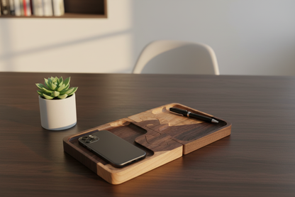 Puzzle catch-all tray assembled on dark wood desk with pen, phone and succulent nearby