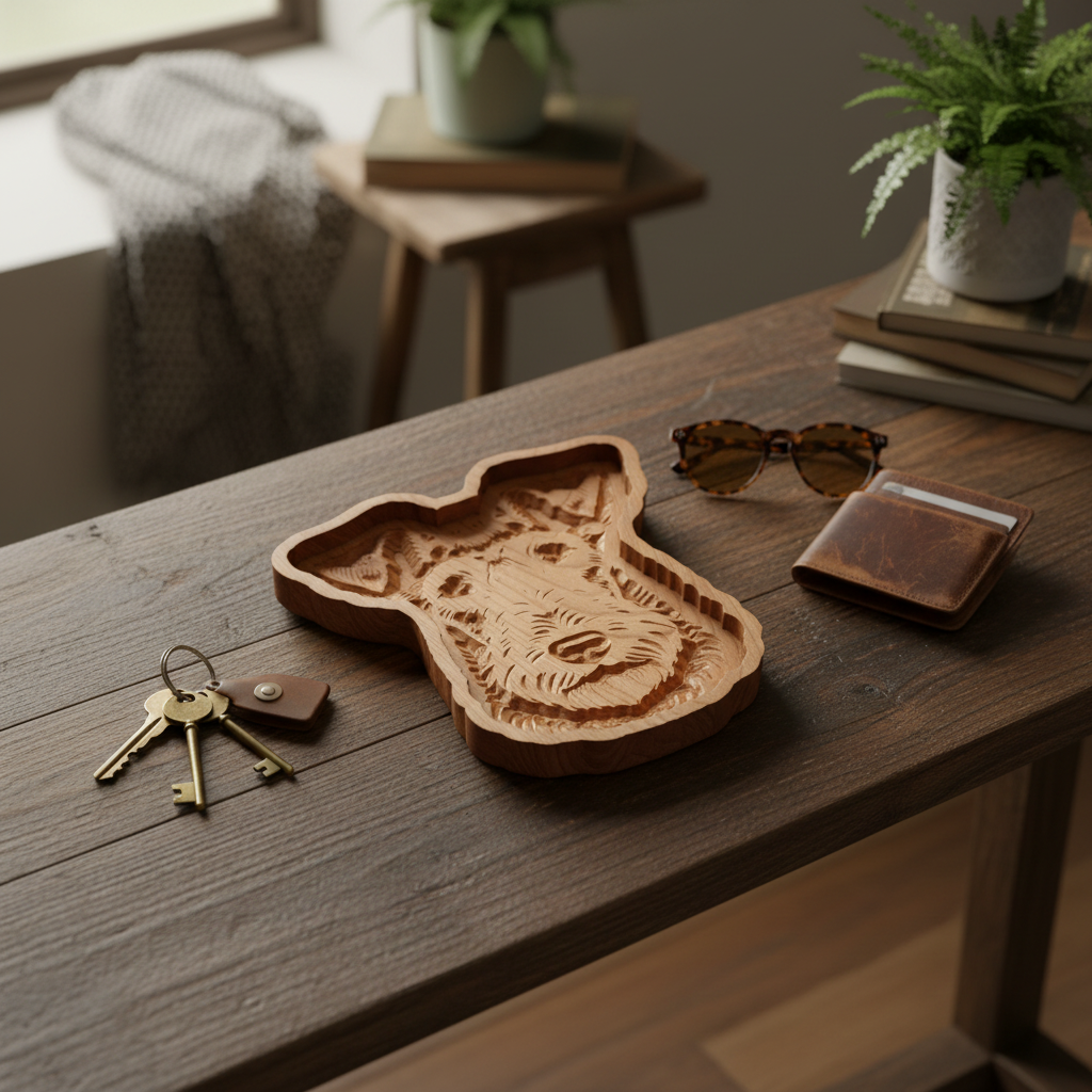 Overhead flat lay of Airedale Terrier catch-all tray with keys, wallet, and sunglasses on entryway table