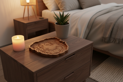 Australian Shepherd Cherry Wood Catch-All Tray styled on a nightstand with a plant and candle