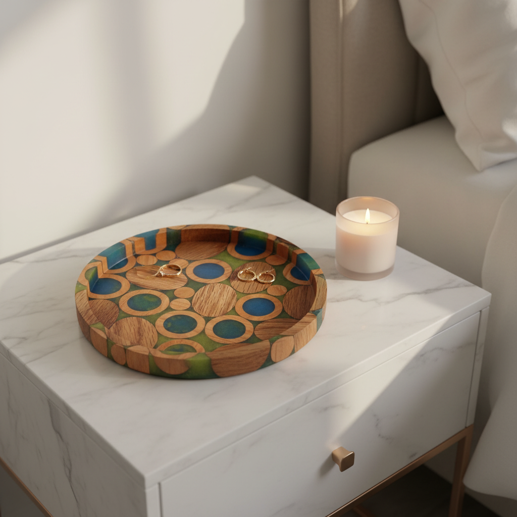 Cellular mosaic tray on marble nightstand with candle, ring and earrings
