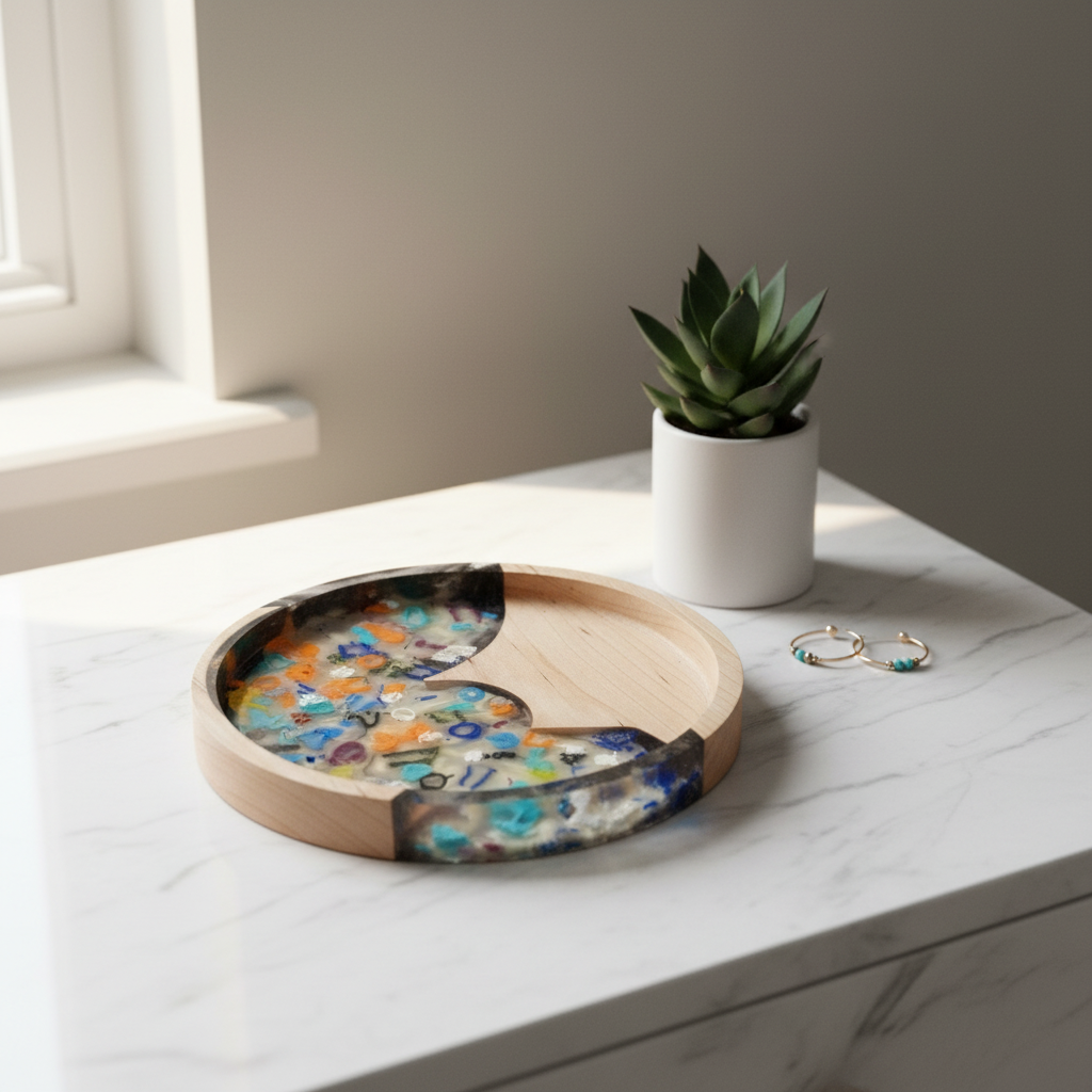 Mosaic Collection Kaleidoscope tray on marble nightstand with plant and earrings