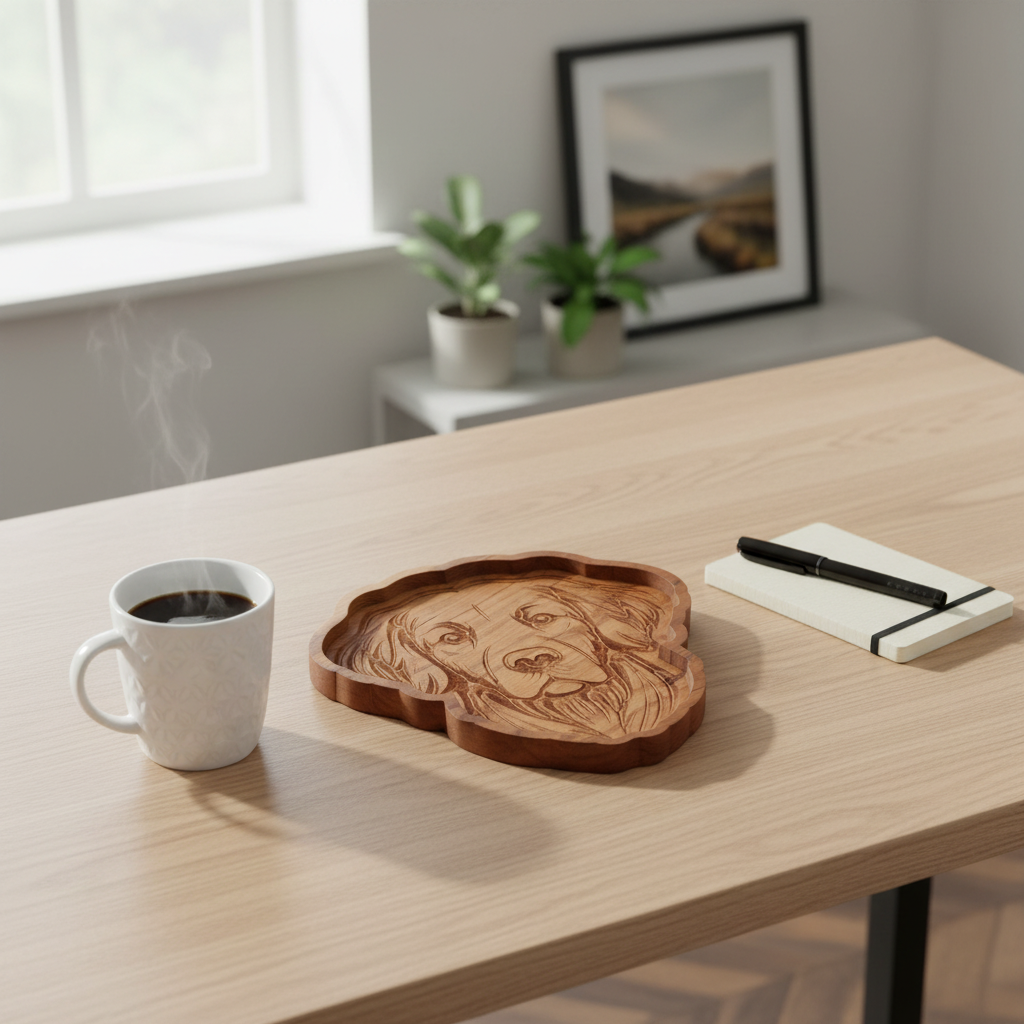 Golden Retriever cherrywood catch-all tray on home office desk with coffee mug