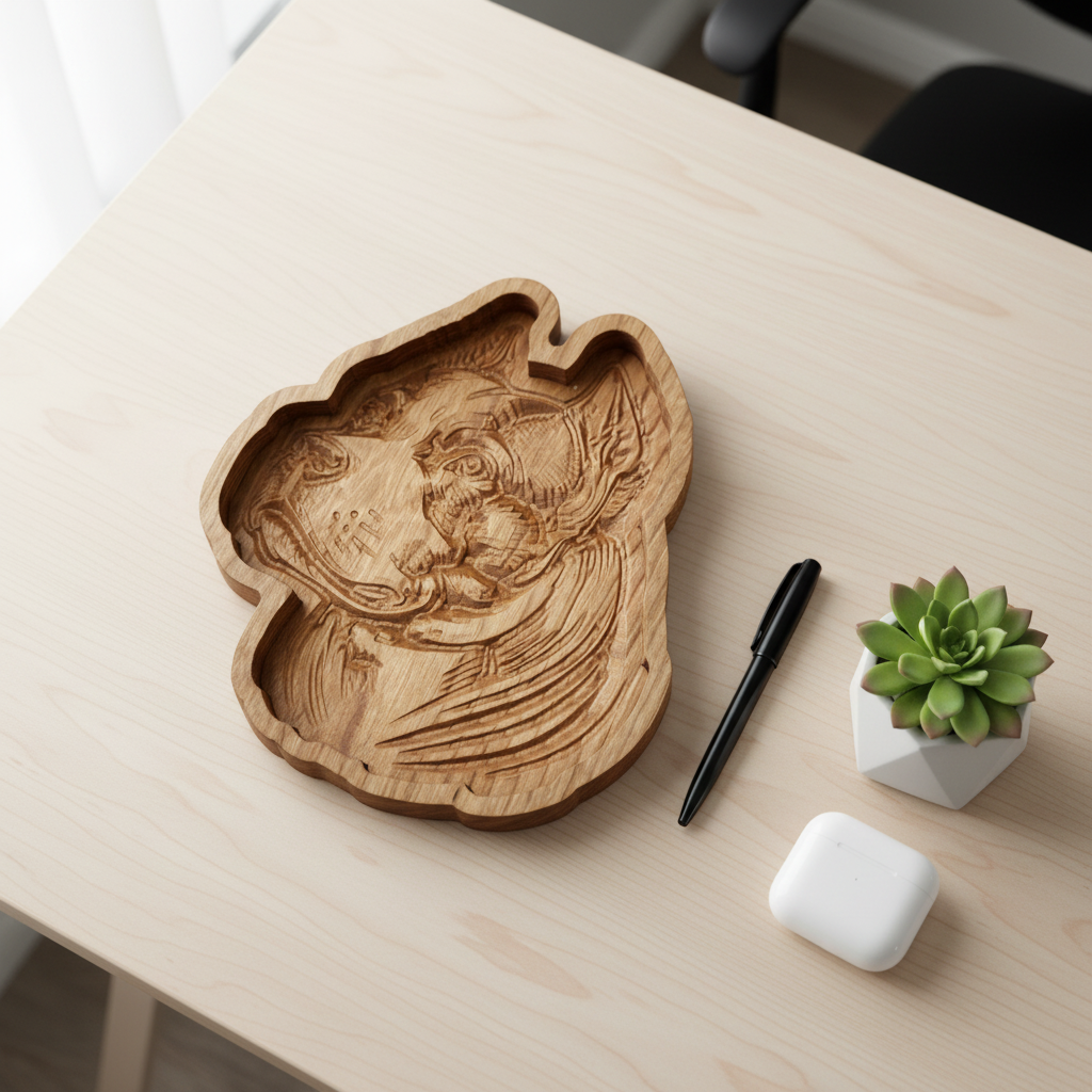 Overhead flat lay of wooden dog catch-all tray with pen, succulent, and AirPods on desk